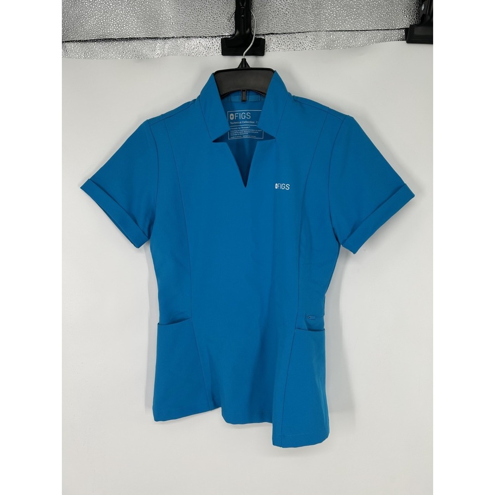 FIGS Two Pocket Catarina Top Women's XXS Extreme Blue Short Sleeve Shirt V Neck
